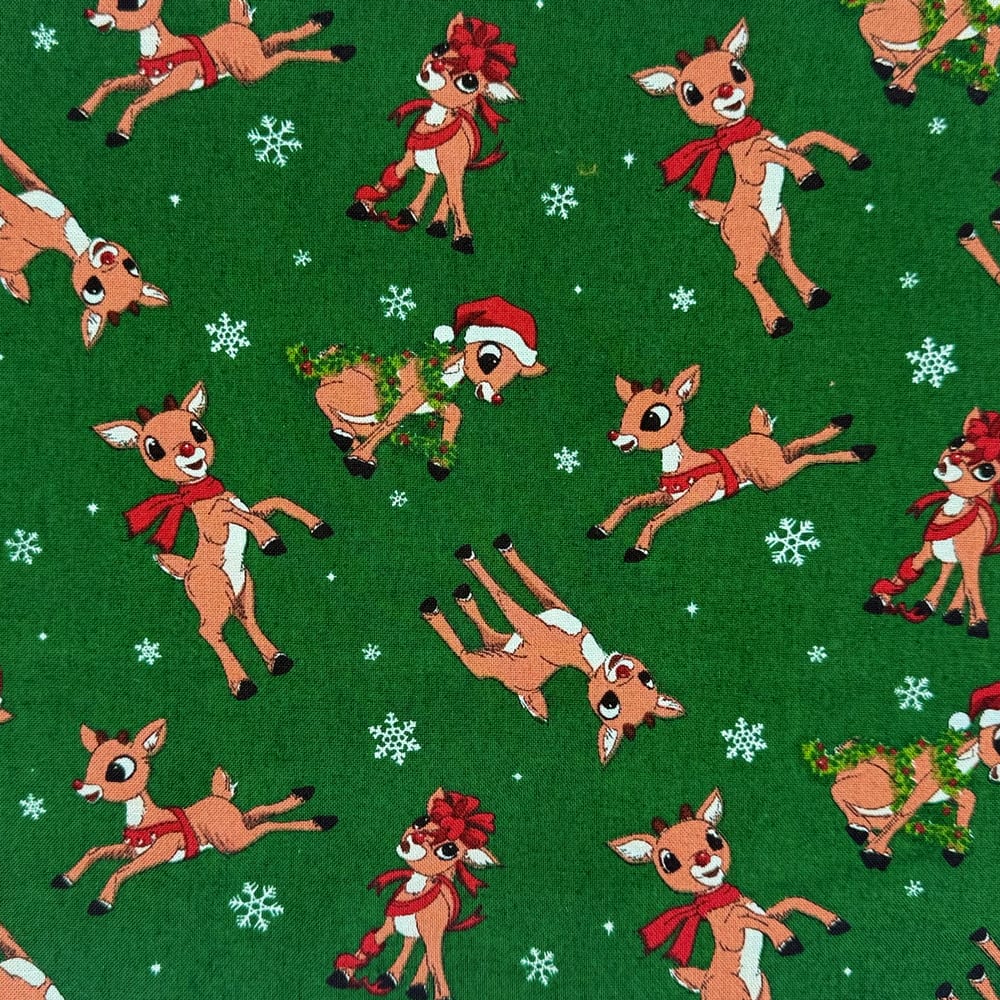 Rudolph the Red-Nosed Reindeer Green Cotton Quilting Fabric
