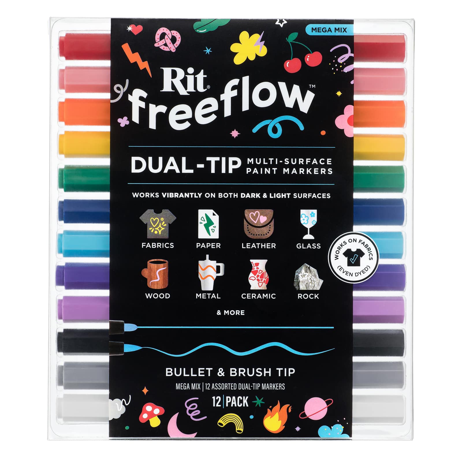 Rit® FreeFlow™ Mega Mix 12 Color Dual-Tip Multi-Surface Paint Markers