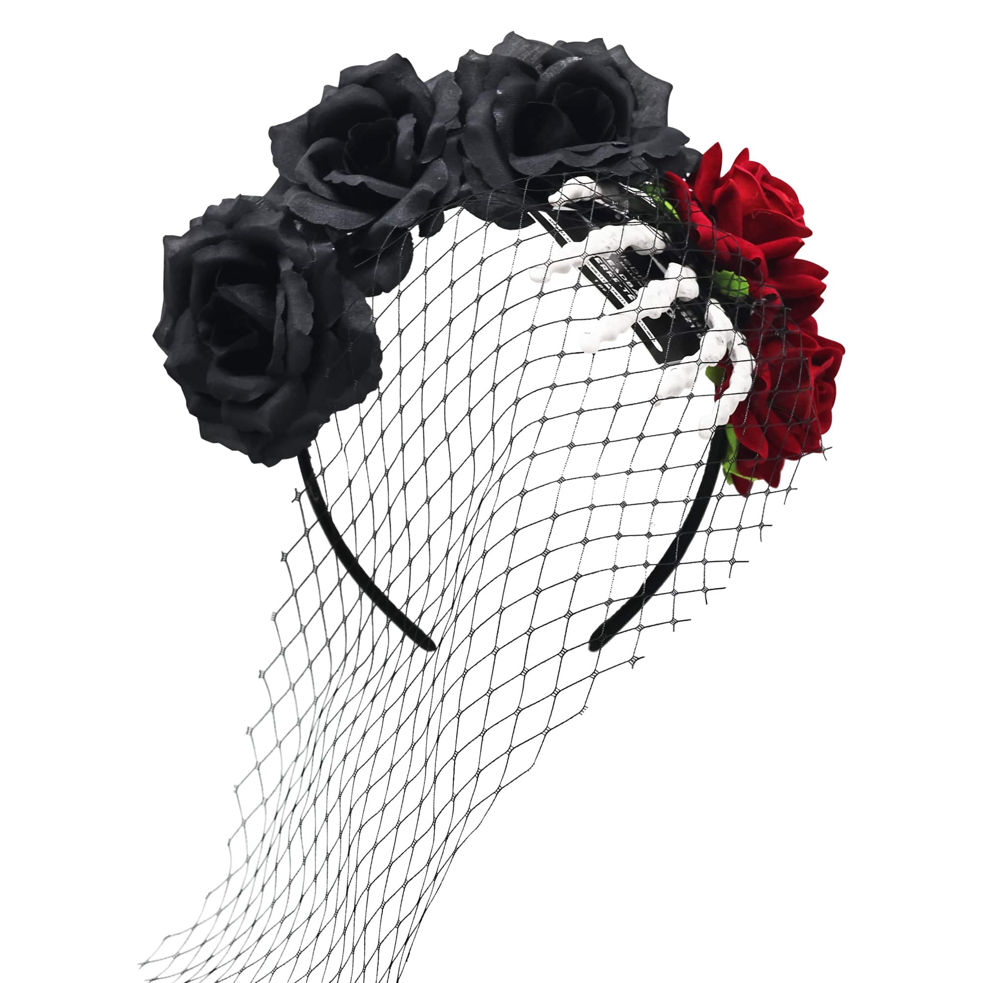 Black & Red Rose & Skeletal Hand Adult Headband with Veil by Celebrate It™