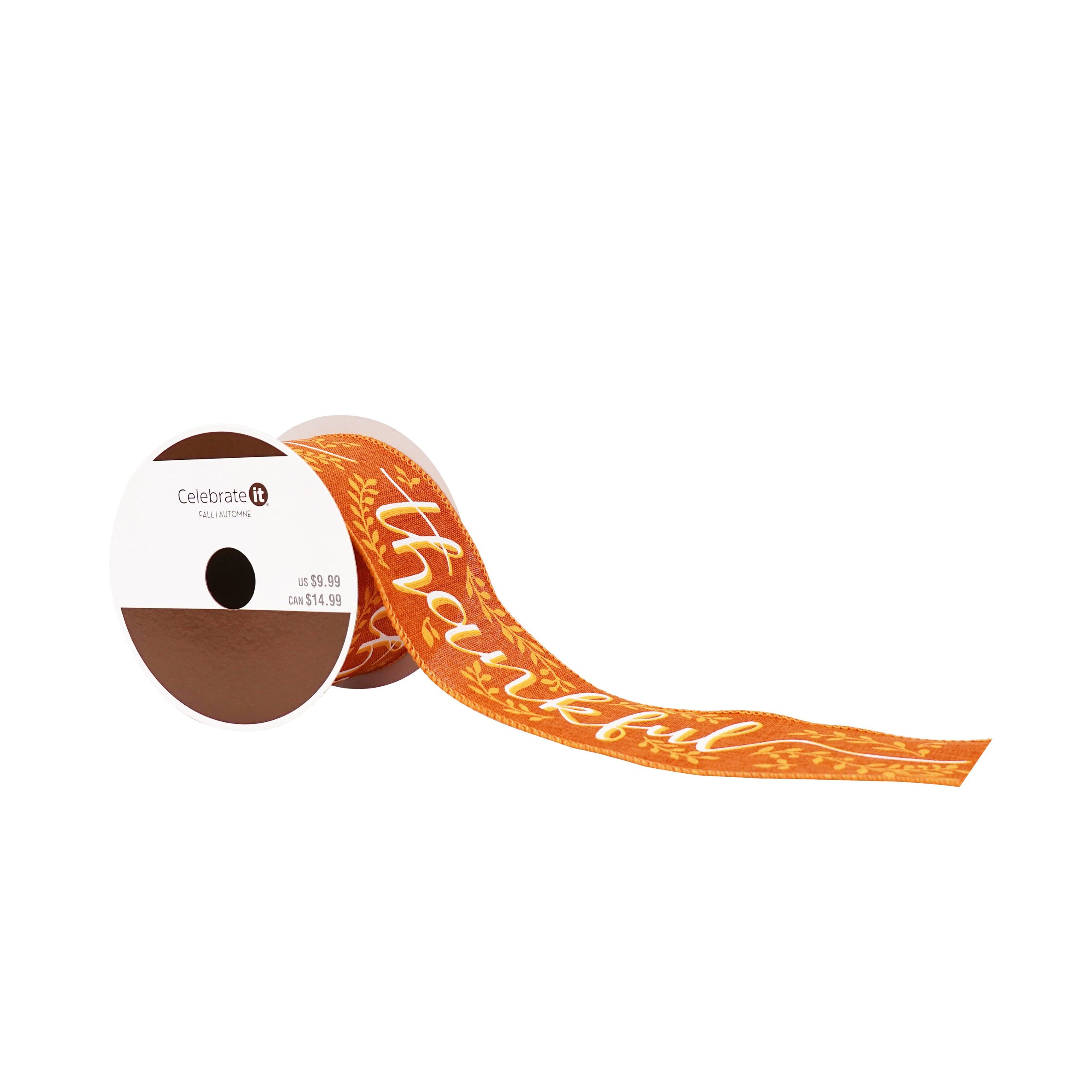 2.5" x 6.6yd. Orange Thankful Wired Faux Linen Ribbon by Celebrate It® - Image 3